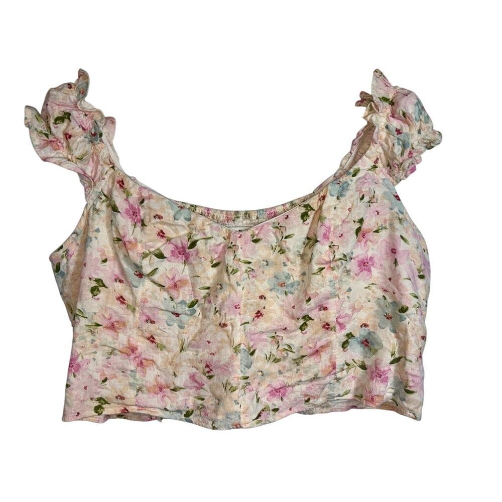 Abercrombie & Fitch White Blue Pink Floral Linen Smocked Crop Tank Top Size XL
